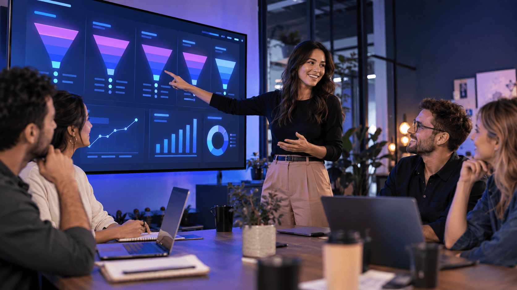 Marketing agency team reviewing conversion funnel analytics and lead generation dashboards