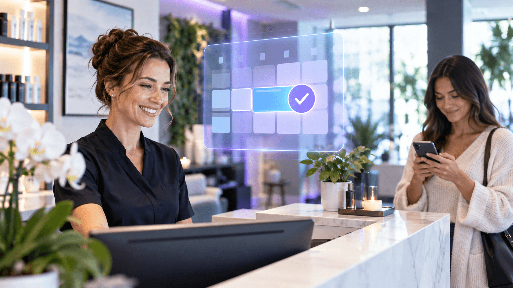 Receptionist confirming an AI-powered appointment booking on a holographic calendar interface