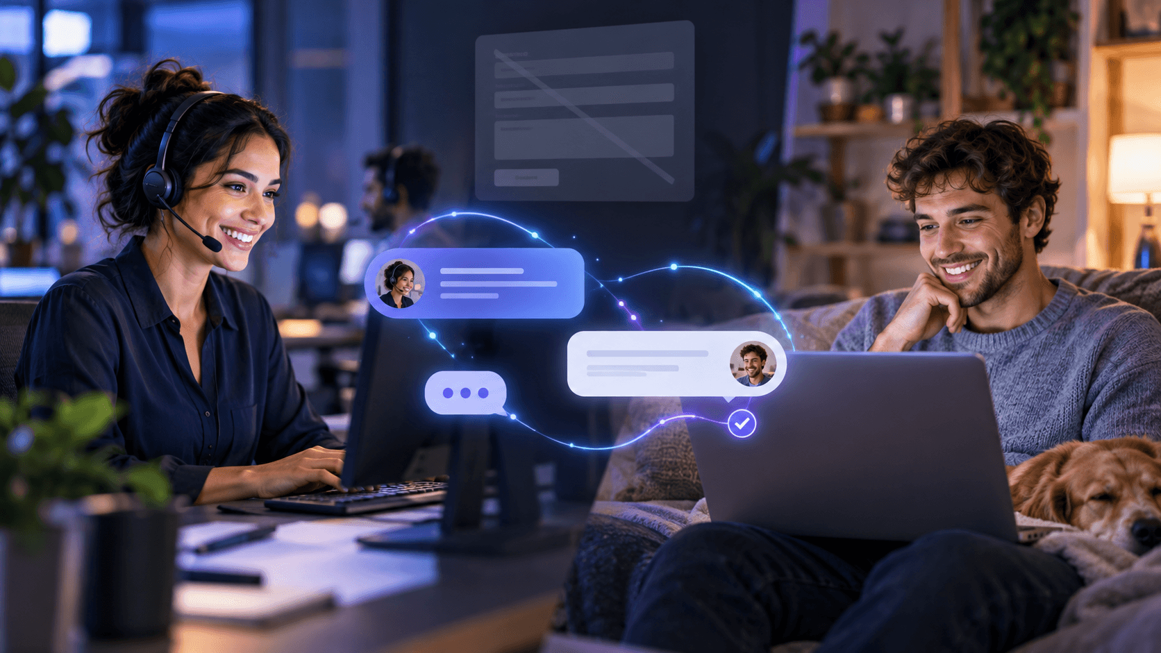 Customer service professional and customer connected through AI chatbot messaging interface