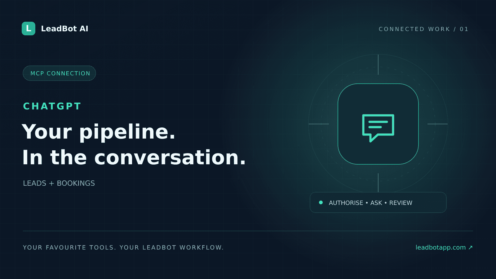 LeadBot AI editorial illustration: ChatGPT connected to business leads and appointment workflows